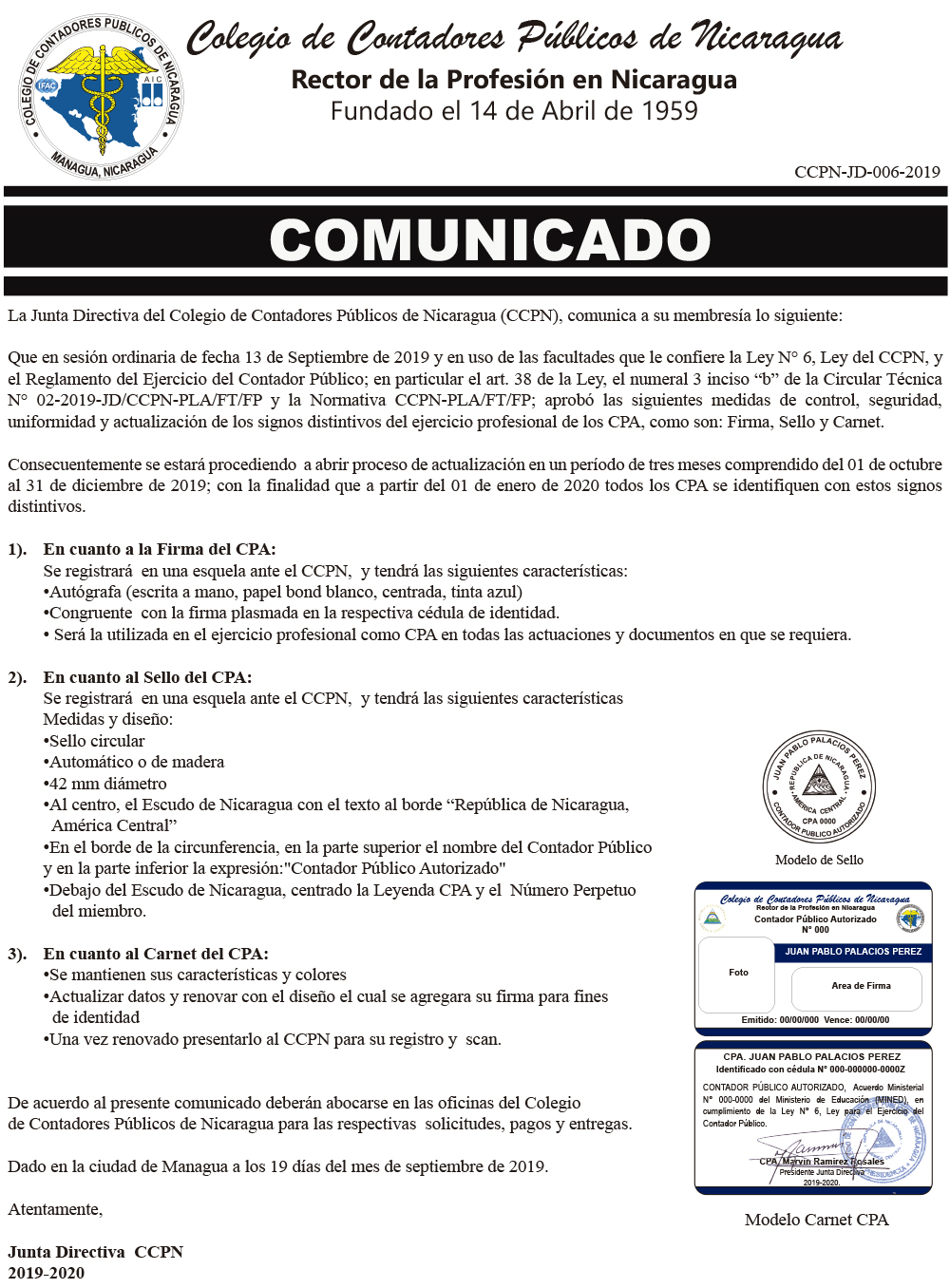 6.- Comunicado CCPN-JD-006-2019.