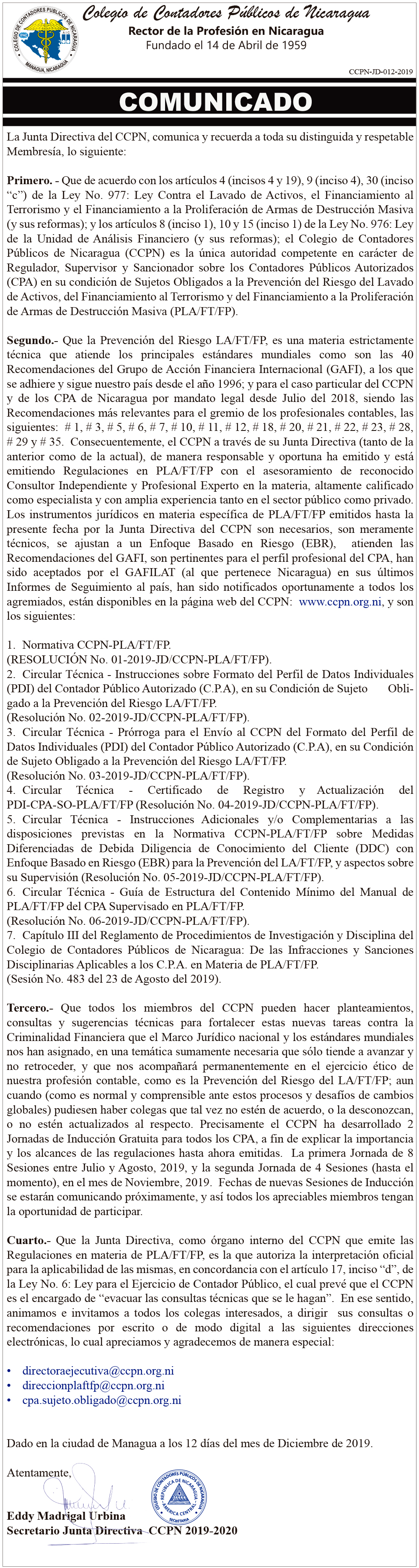 12- Comunicado CCPN-JD-012-2019