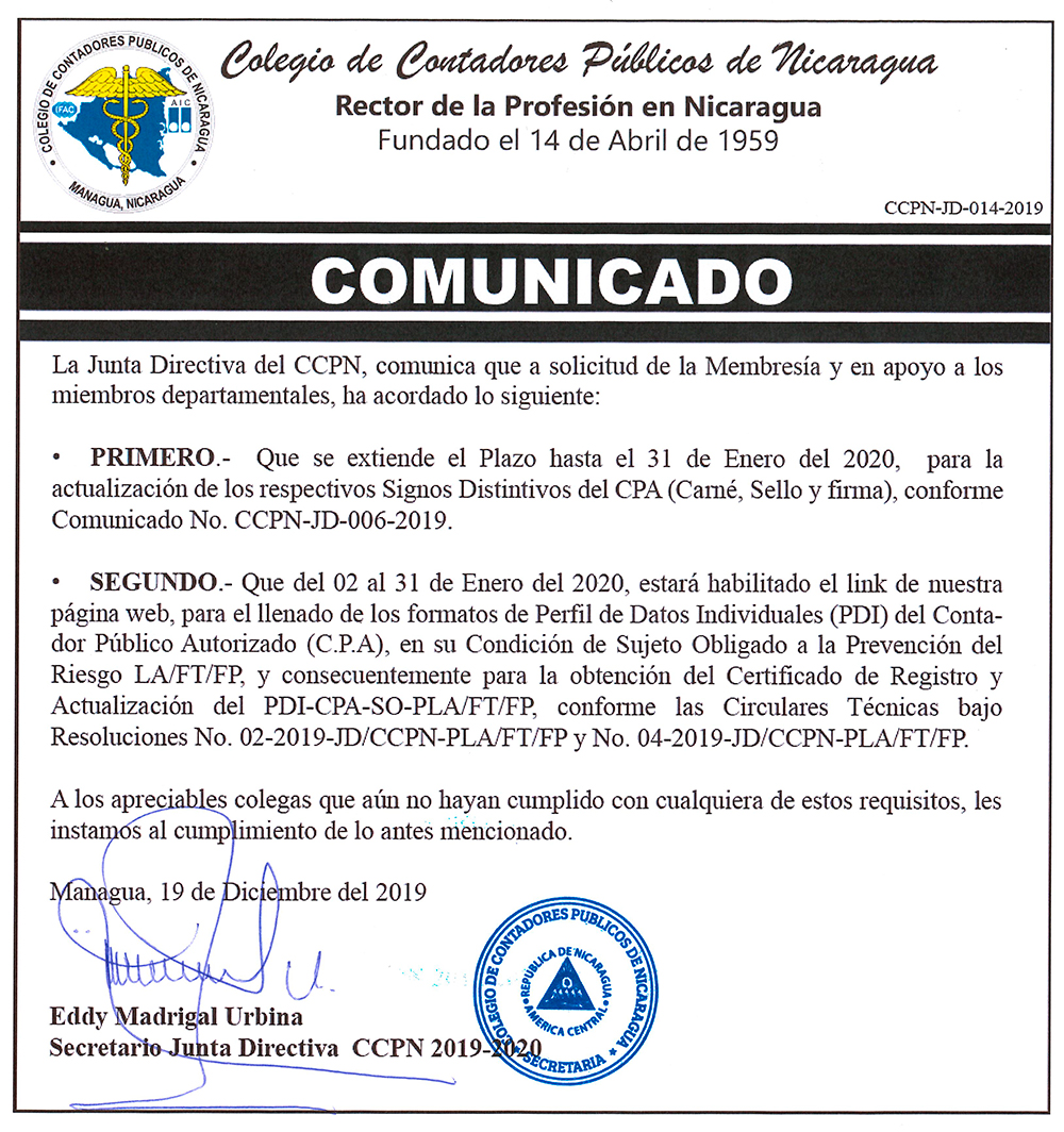 14- Comunicado CCPN-JD-014-2019